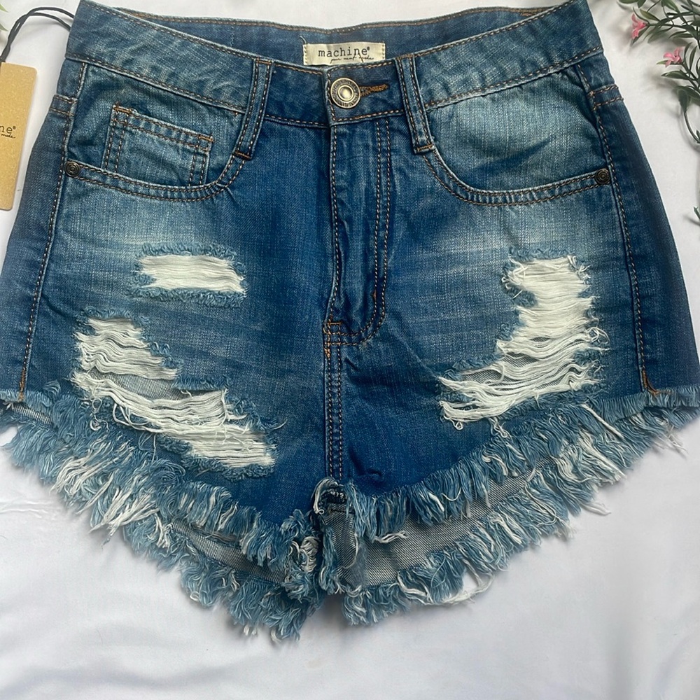 Machine Distressed Denim Shorts - Picture 2 of 10
